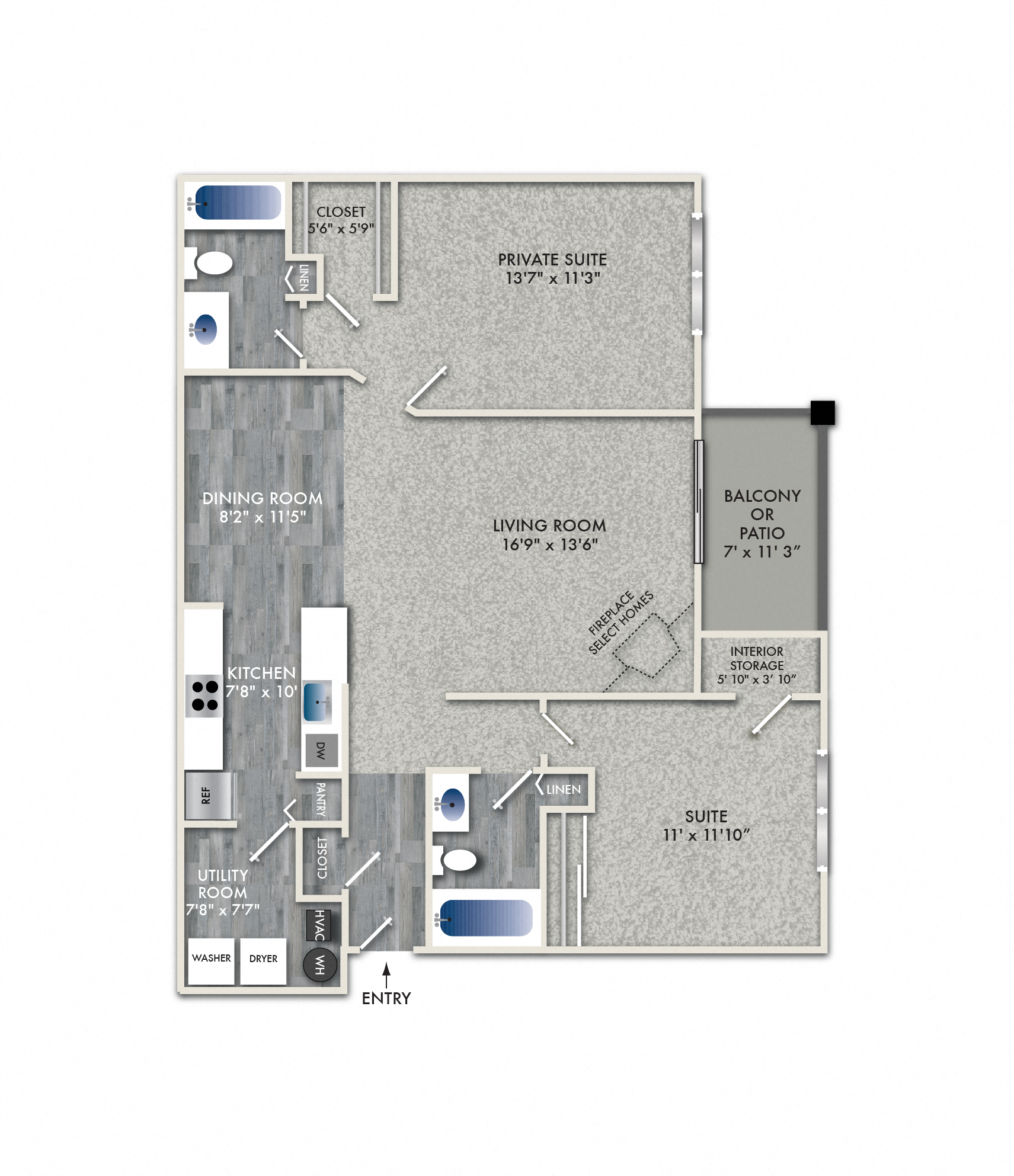 Floor plan for 2 beds, 2 baths, 1066 sqft